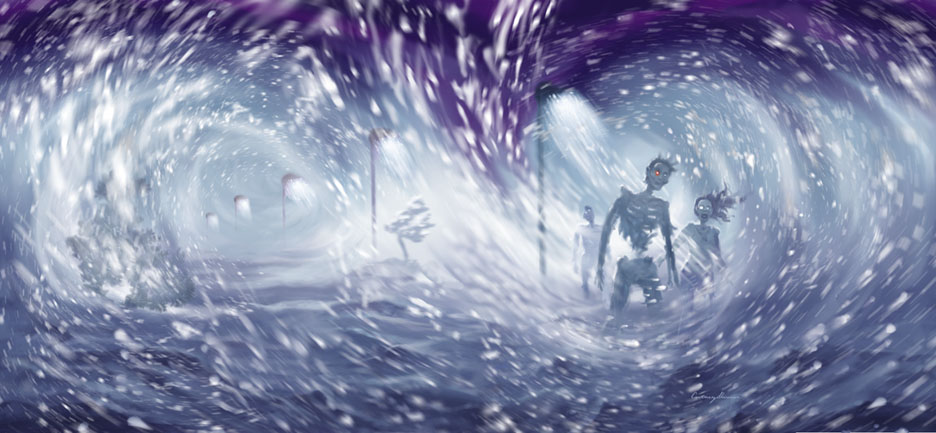 This is the wraparound dustjacket to Rick Hautala's "Chills" coming soon from Cemetery Dance Publishing. We're looking out into a ferocious blizzard as we're marooned inside a shopping mall in Maine, cut off from most everything... except from those... things approaching through the whiteout.